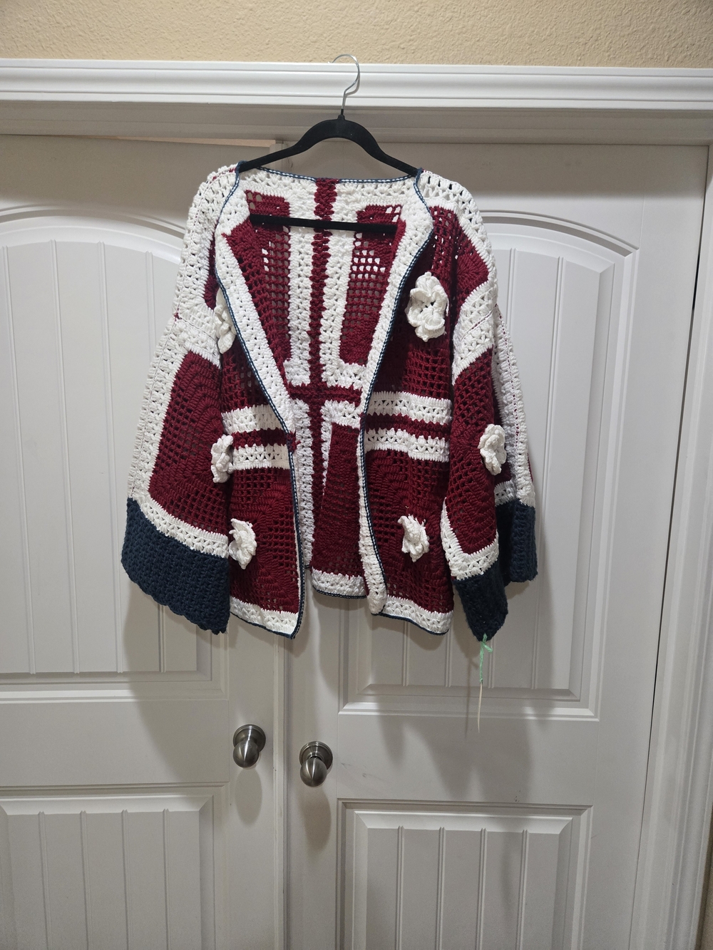 Handmade Women's Crochet Jacket - Burgundy, White & Navy Size L/XL NWT